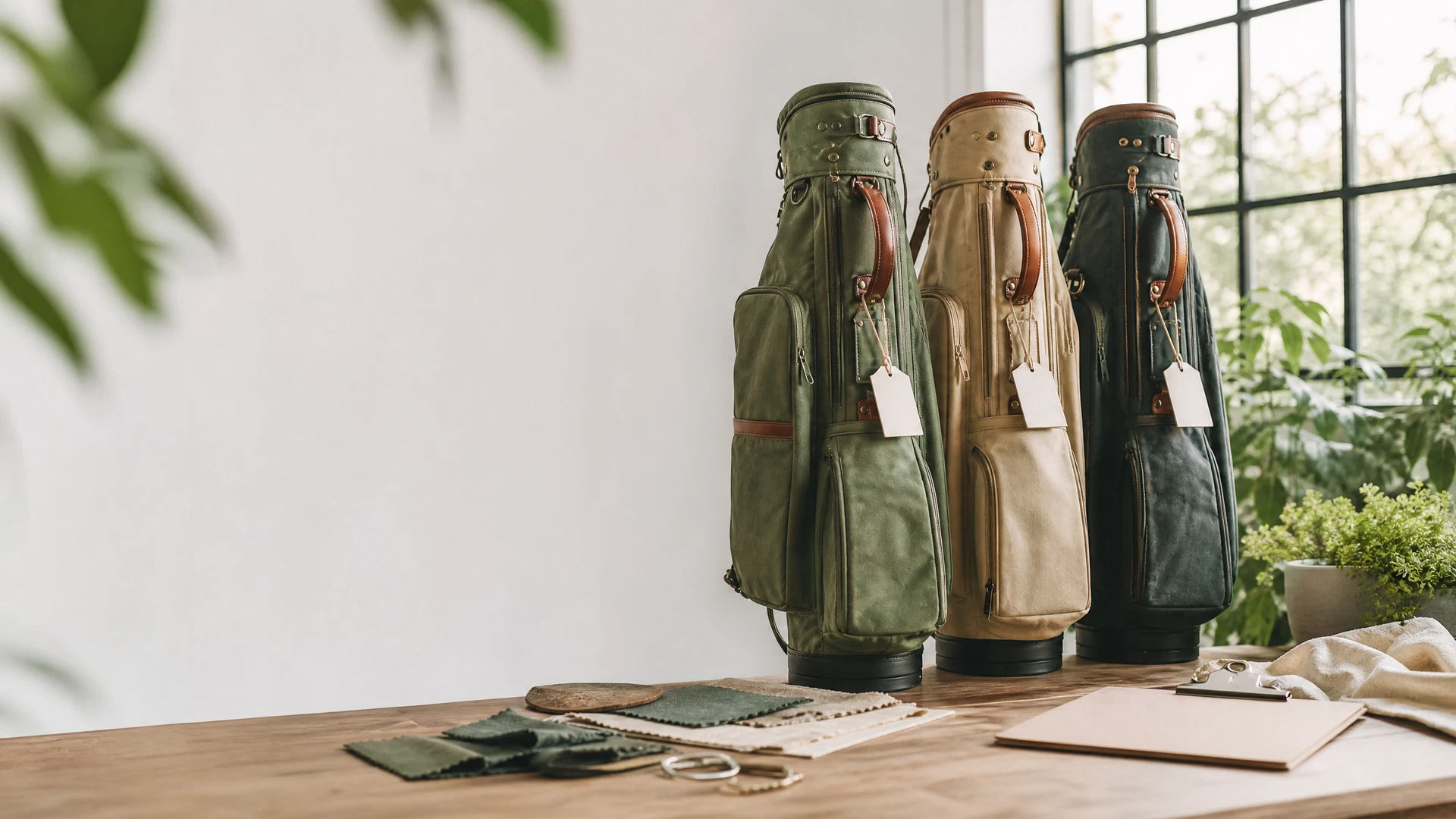 A collection of custom waxed canvas Sunday golf bags with leather trim arranged for a product launch evaluation.