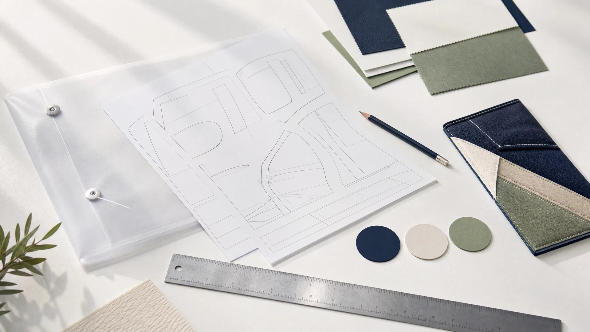 Minimal studio workspace with blank placement sheets, material swatches, color chips, and a fabric sample panel.
