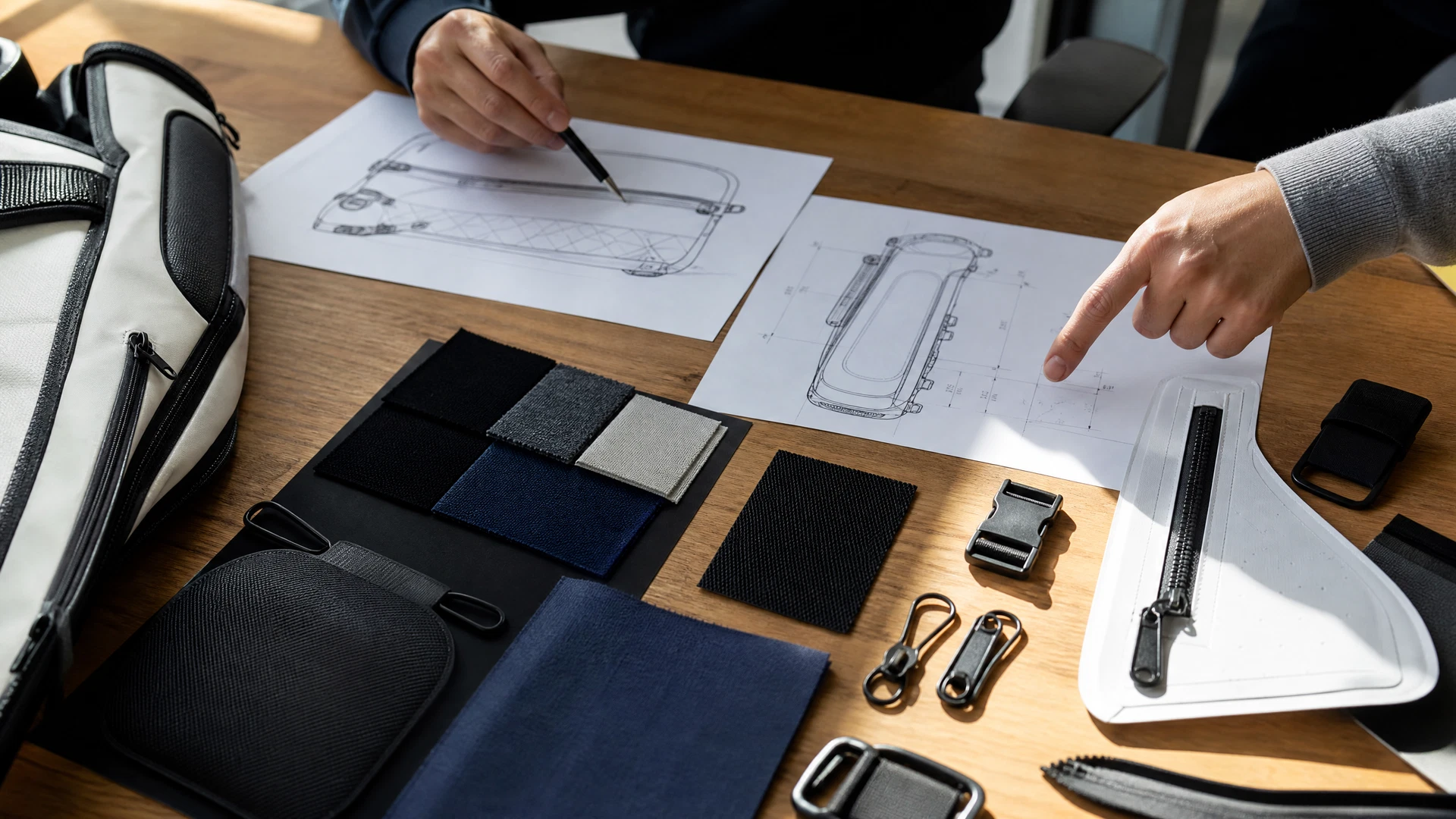 Sports bag specification-review materials on a studio worktable