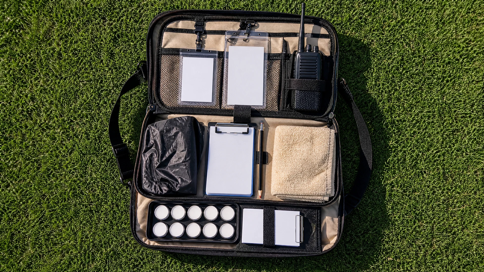 Overhead view of an unbranded tournament operations satchel organized with blank credentials and rain gear on grass.