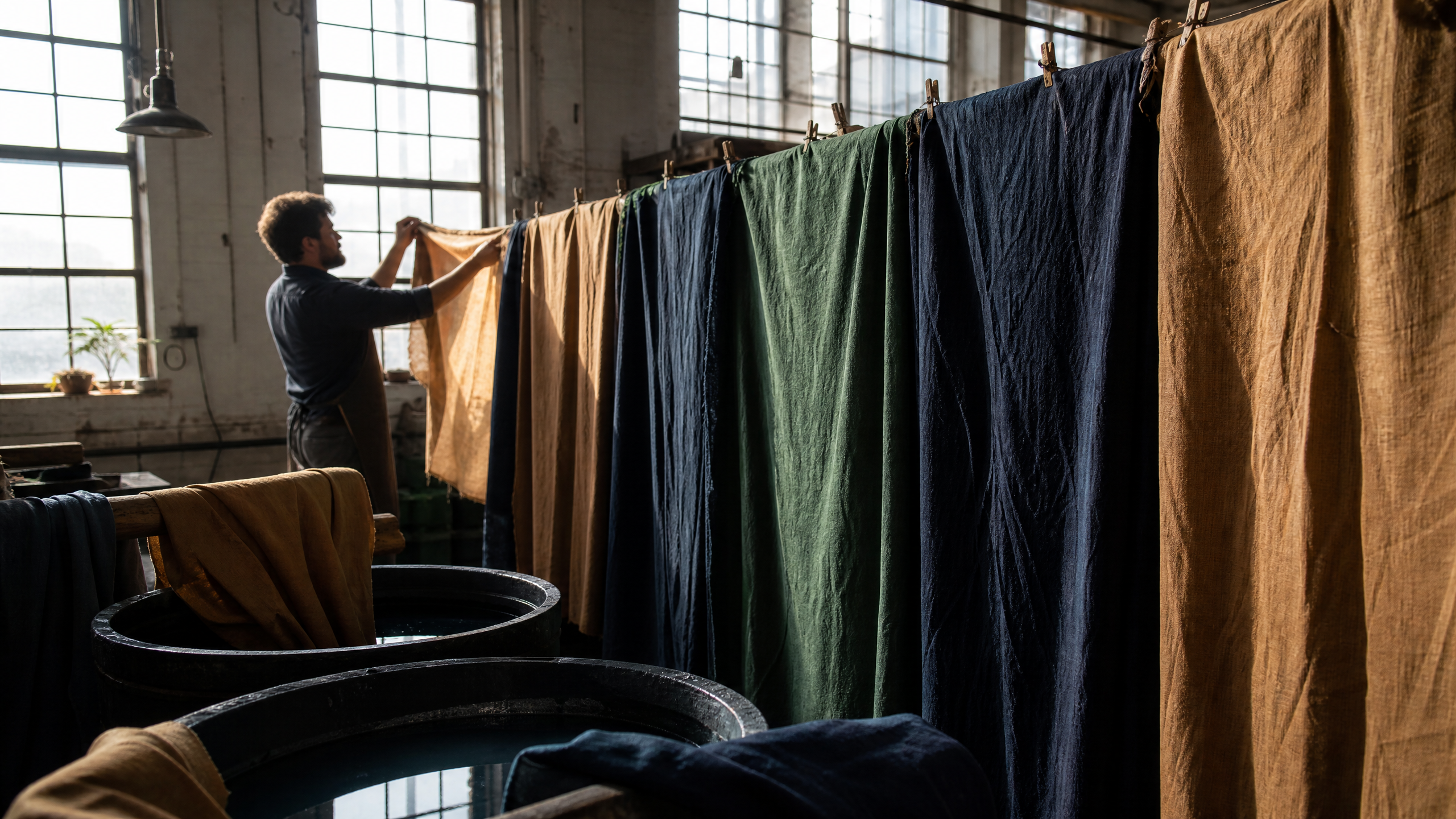 Fabric dyeing workshop with coloured canvas hanging to dry — golf bag colour durability and UV resistance