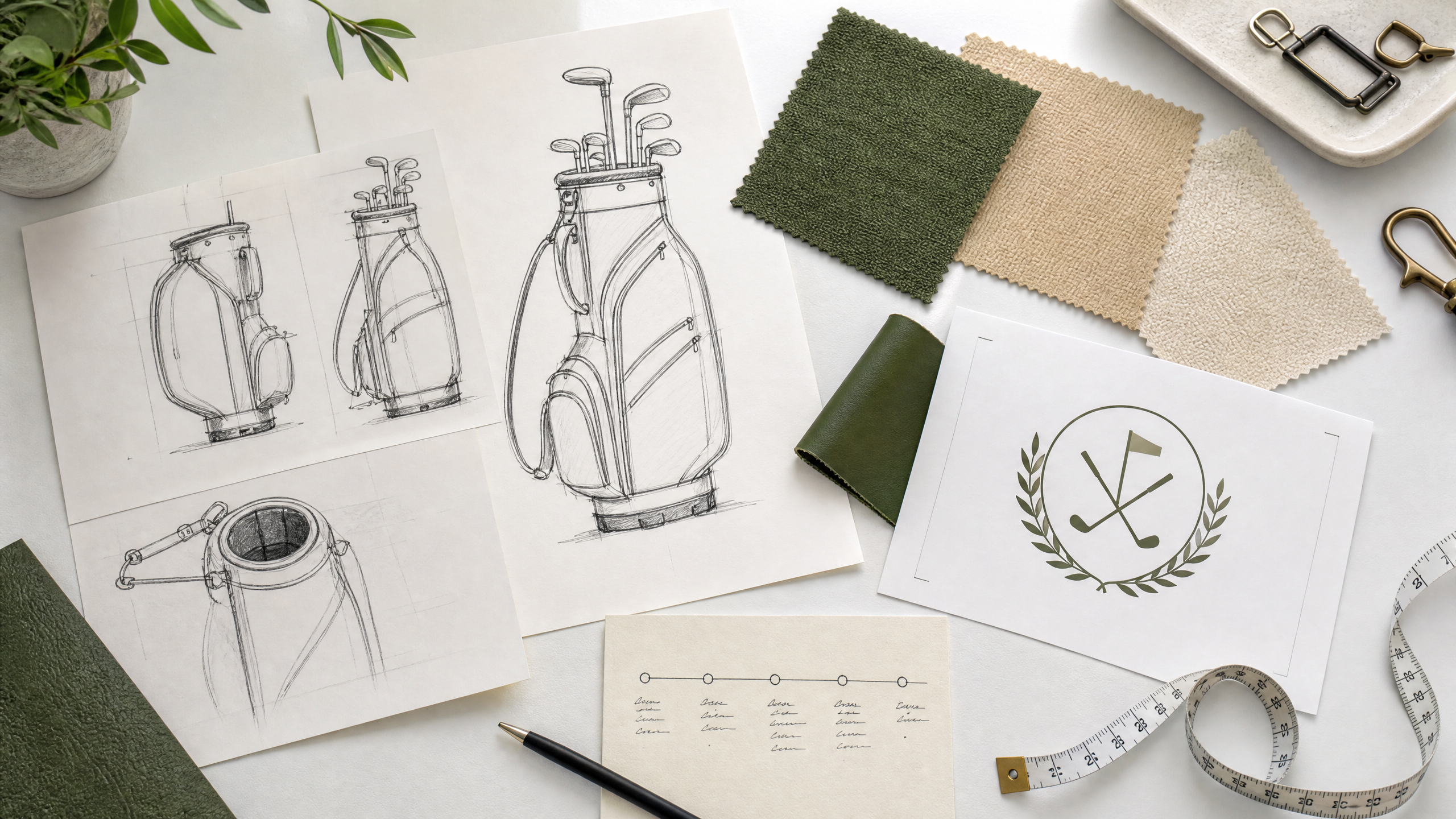 Golf bag design flat-lay with hand-drawn sketches, fabric swatches and logo proof — custom OEM order process