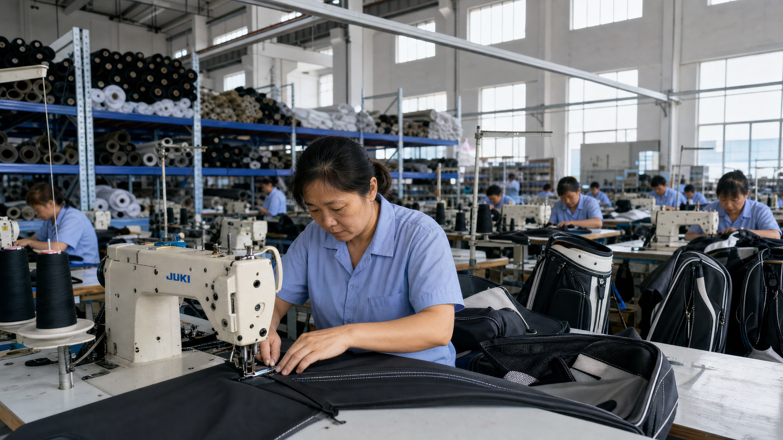 Factory floor of a professional golf bag OEM manufacturer in China — workers operating Juki industrial sewing machines with canvas and leather materials