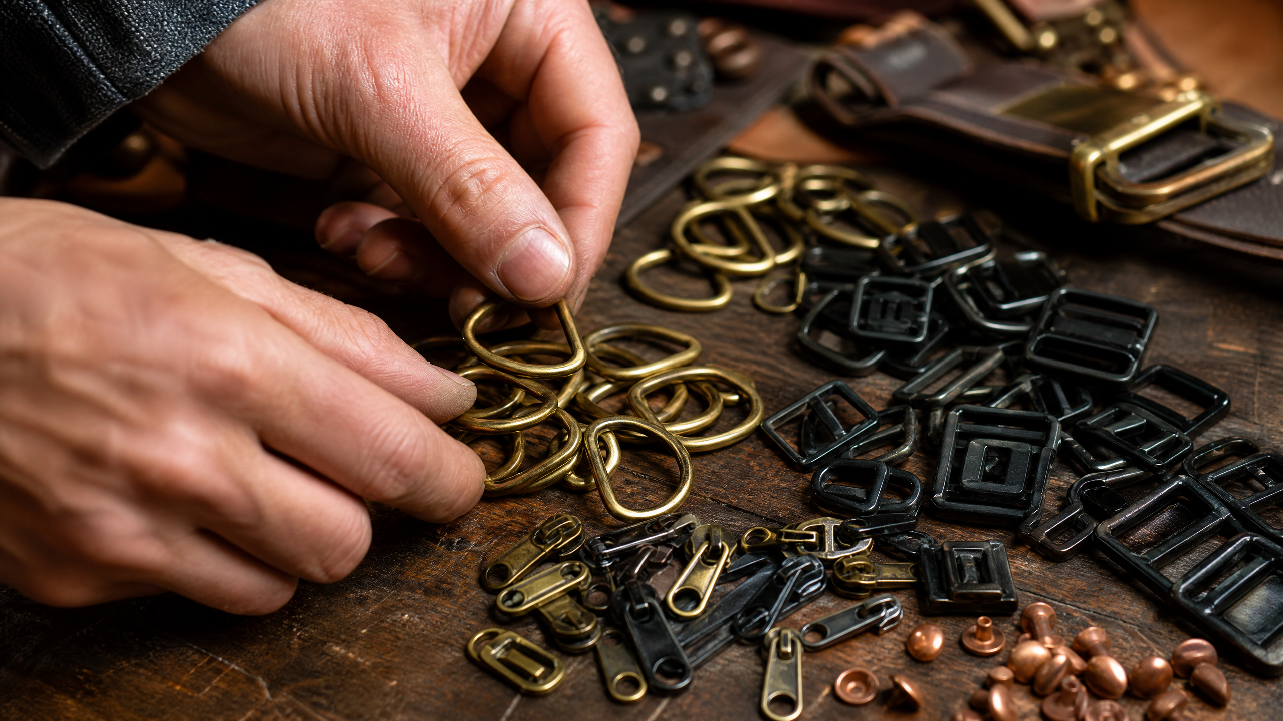 Craftsman sorting brass D-rings, YKK zipper pulls and buckles on a wooden workbench — golf bag hardware quality guide