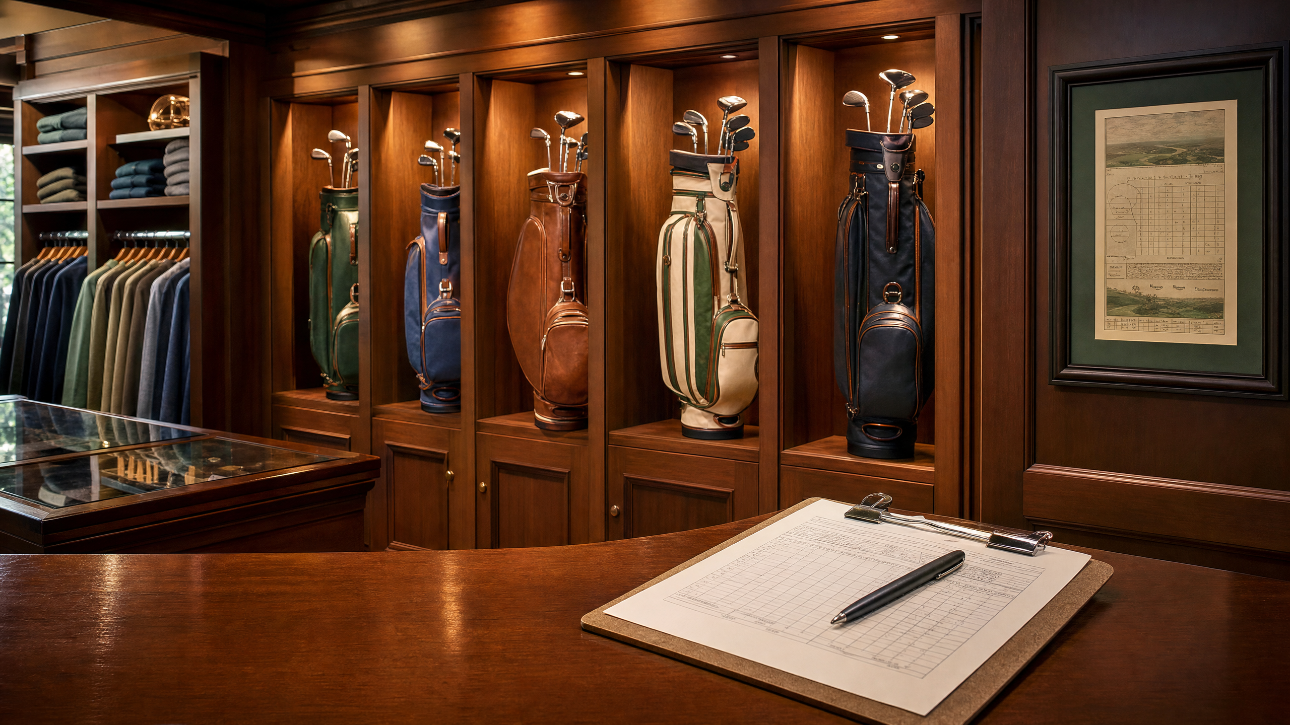 Luxury golf pro shop interior with wooden display cabinets showcasing premium custom golf bags — MOQ order guide for golf club buyers