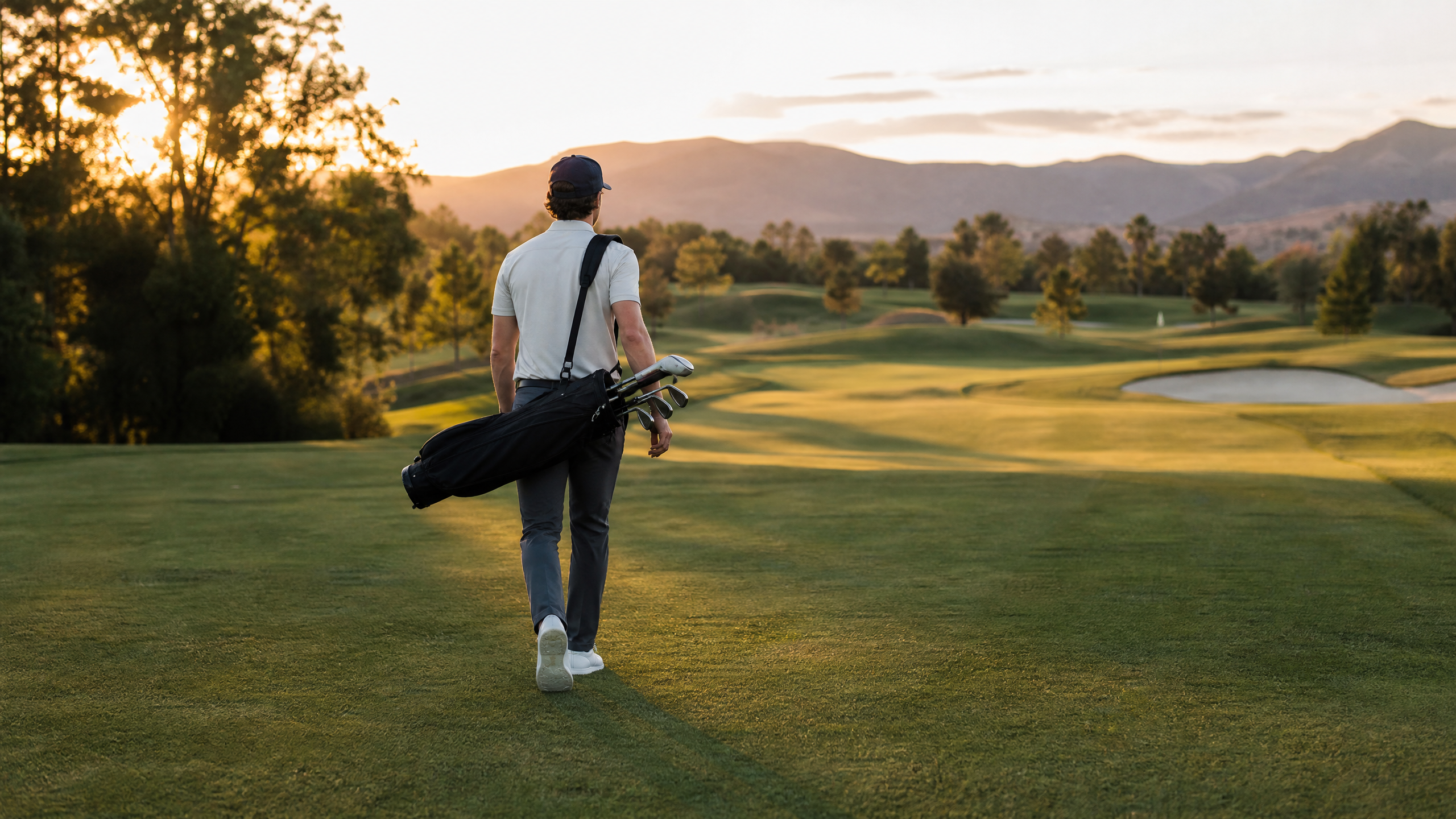 Golfer walking on a golf course at golden hour carrying a lightweight Sunday carry bag