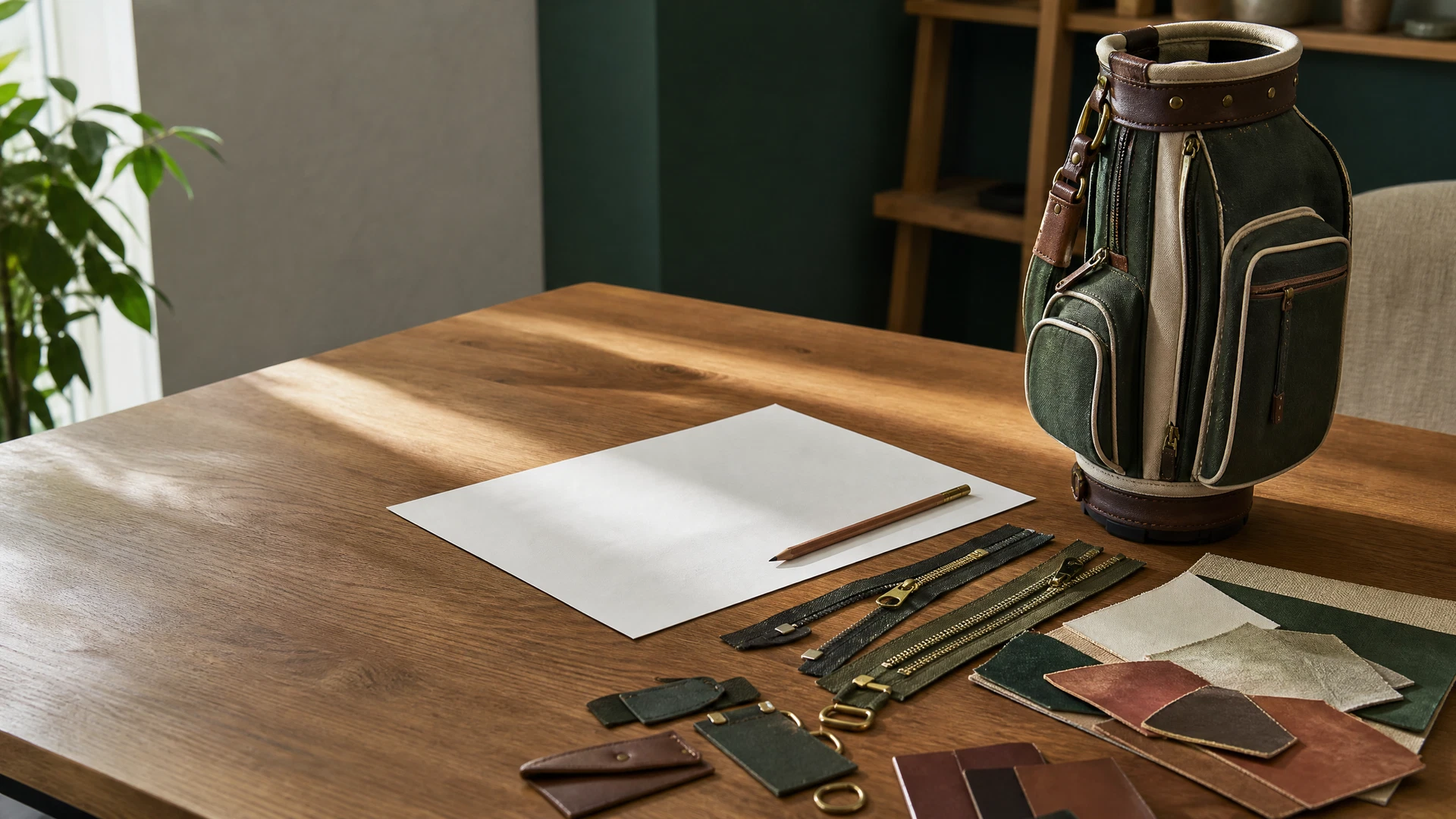 A high-quality waxed canvas Sunday golf bag with full-grain leather trim, illustrating a professional custom design for procurement.