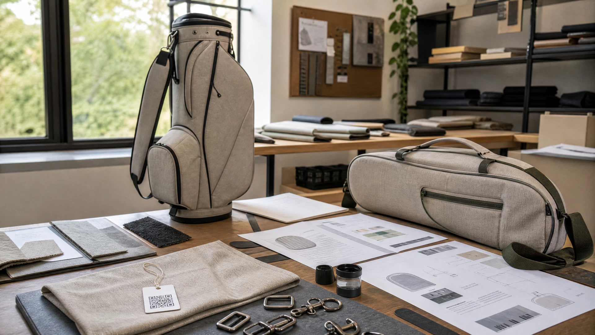 Sports bag material traceability workspace with fabric swatches