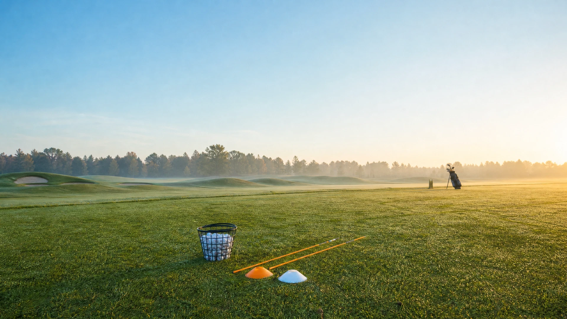 Early-morning golf academy practice range with balls and alignment sticks