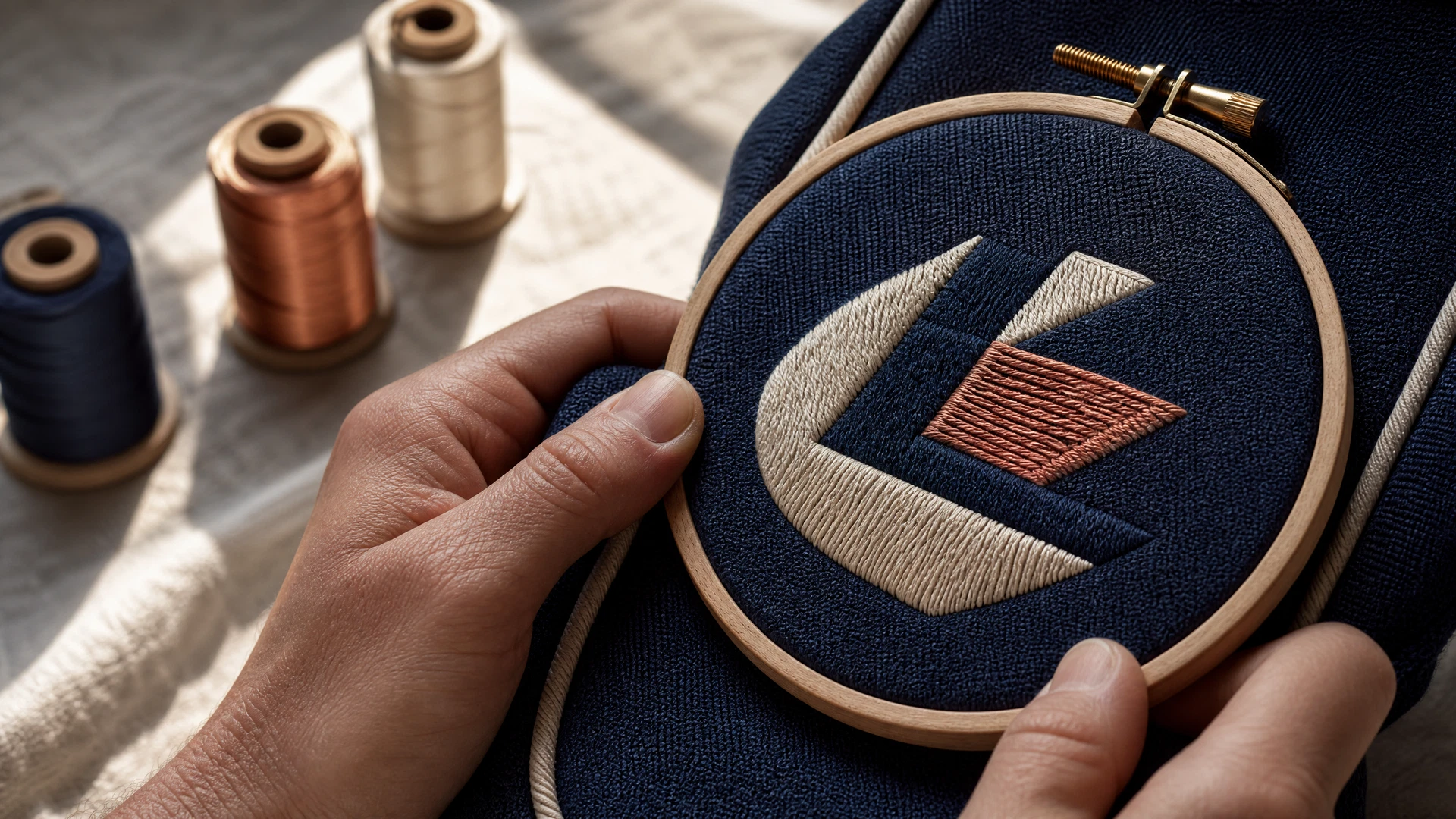 Close-up of a craftsperson embroidering an abstract emblem on a soft golf bag panel.