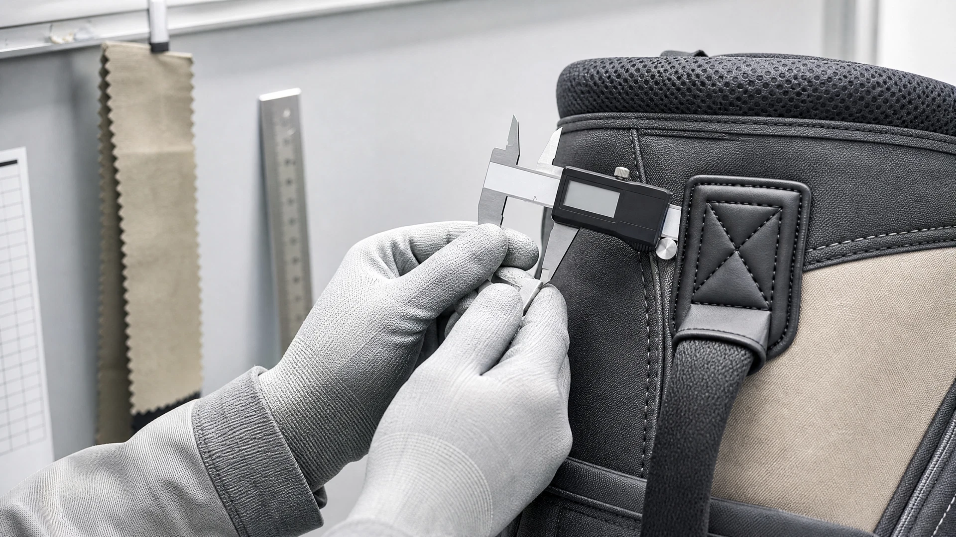 Quality-control inspection of a golf bag sample seam with caliper and reinforced handle attachment