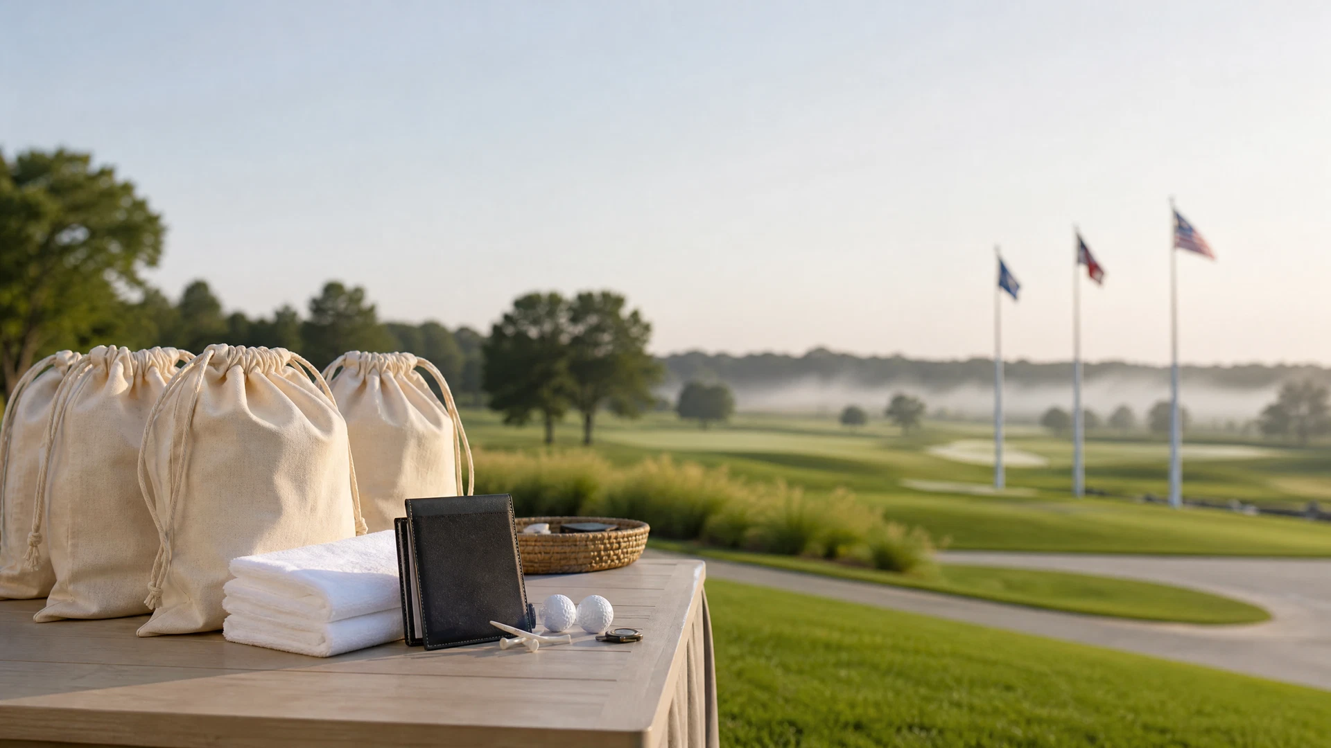 Unbranded canvas golf tournament welcome kits arranged at an outdoor registration table.