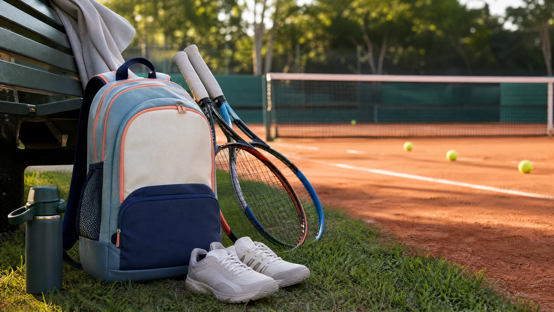 Junior tennis bag and racquets at an outdoor tennis club