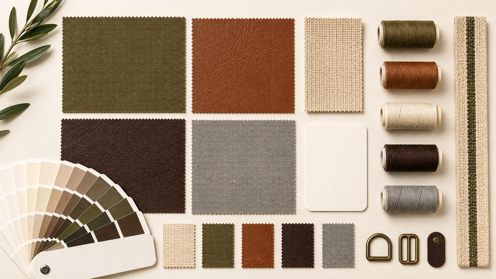 Top-down layout of canvas, leather, webbing and thread colour samples