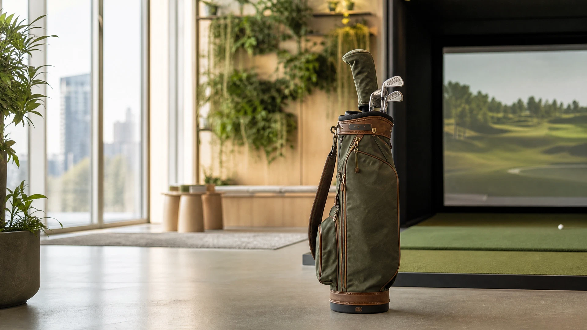 A minimalist waxed canvas Sunday golf bag with leather trim, designed for simulator venues and walking golfers, shown in a professional studio setting.