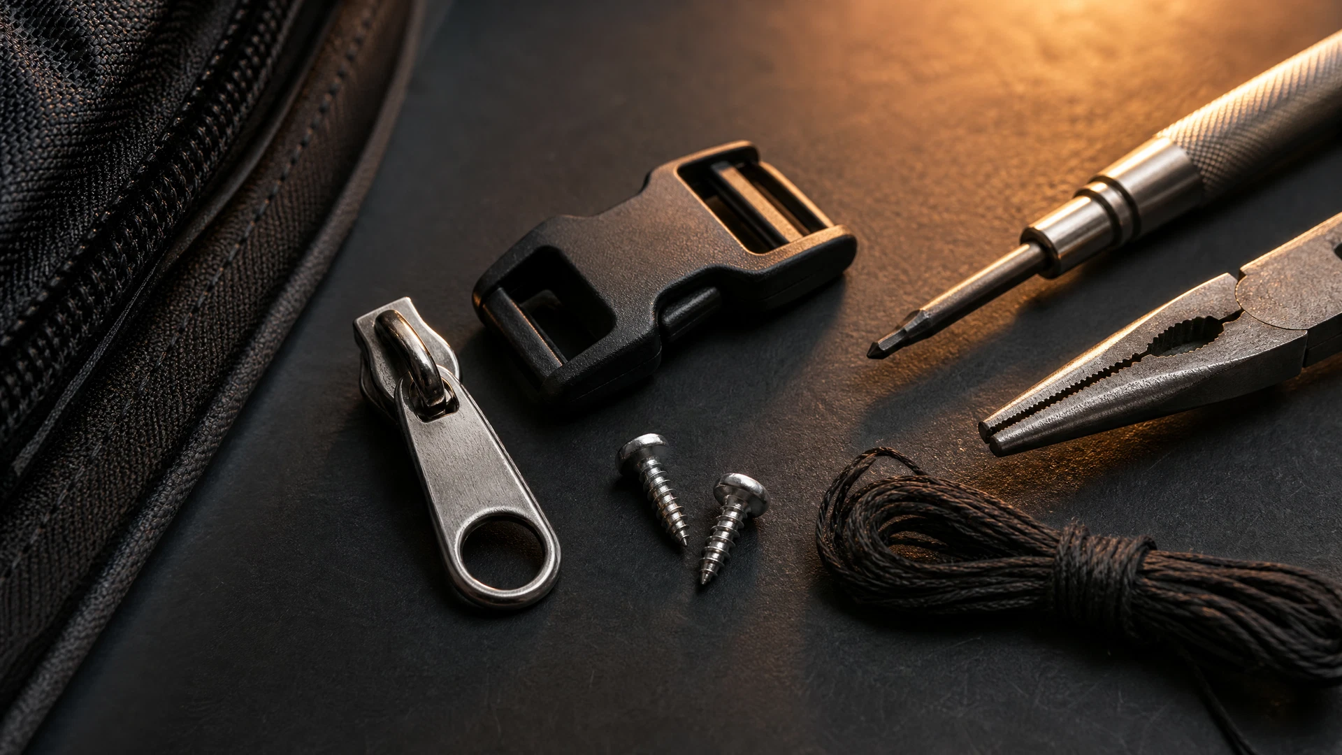 Close-up of golf bag repair parts and tools on a graphite workbench