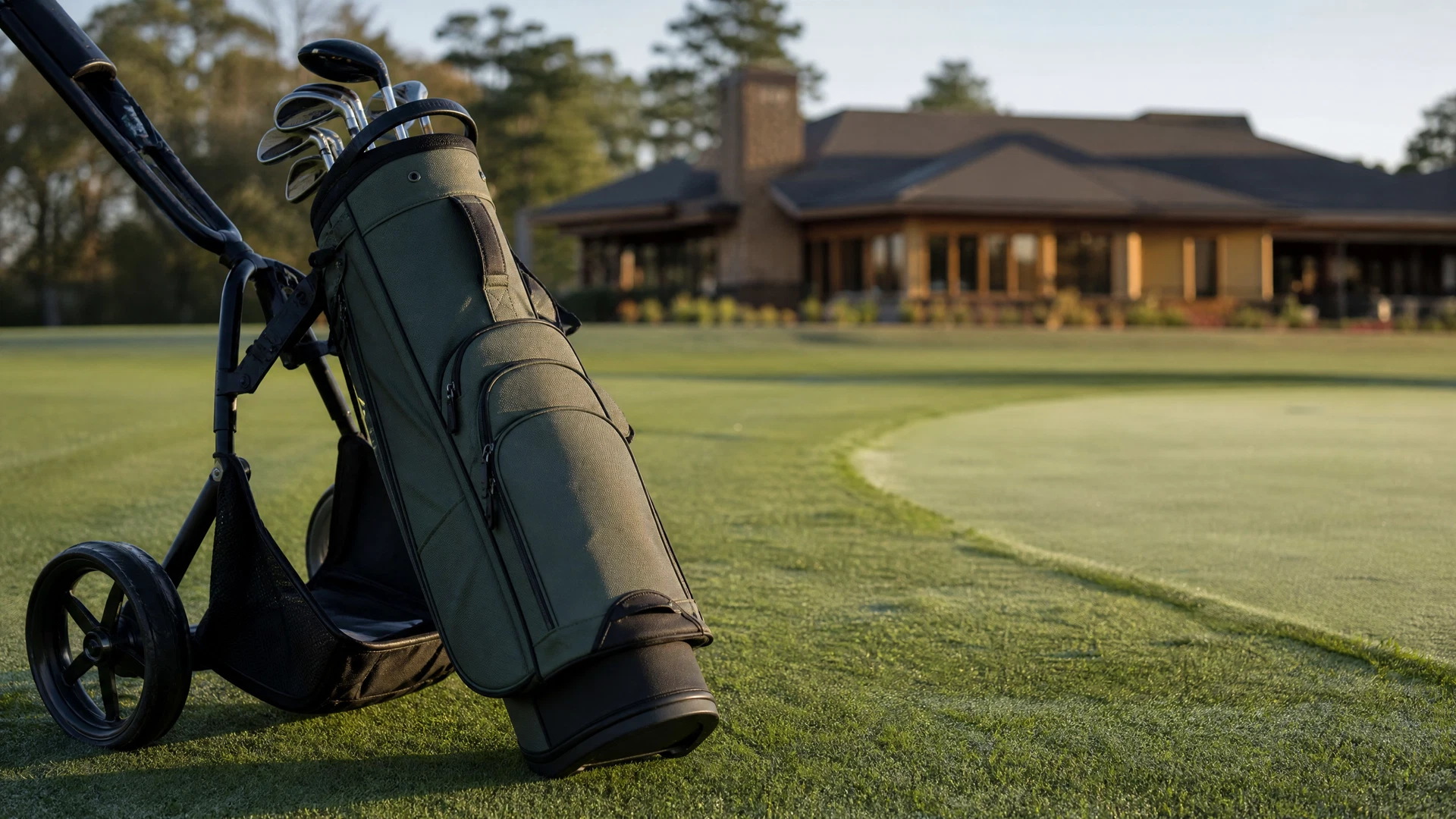 Lightweight golf bag beside a push cart at a public golf course