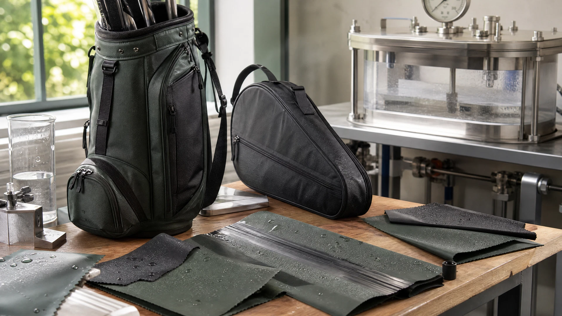 Golf and tennis bags with weather-resistant materials in a workshop