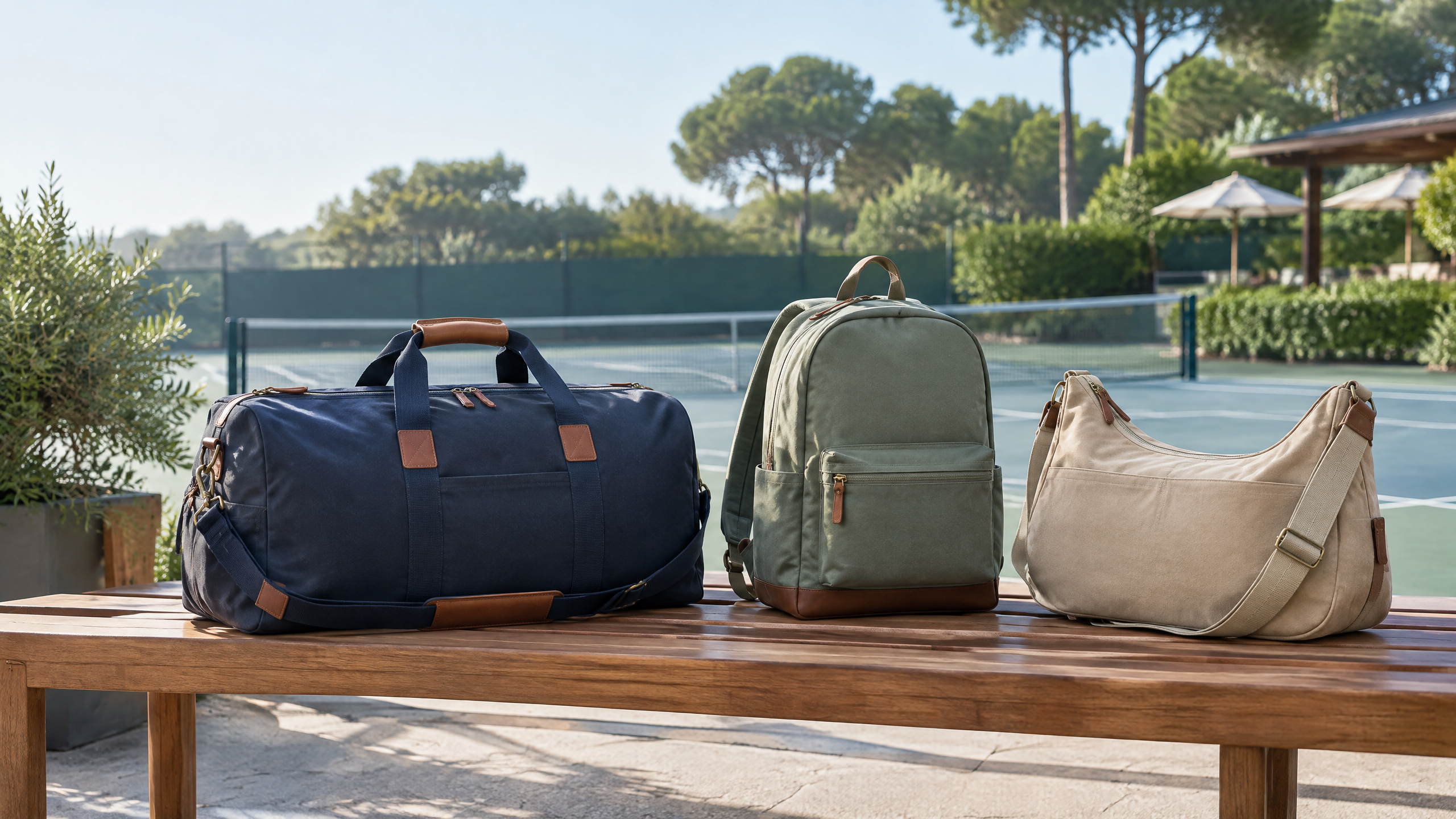 Three unbranded navy, sage and sand racquet-sport bags on a wooden bench beside a tennis court.