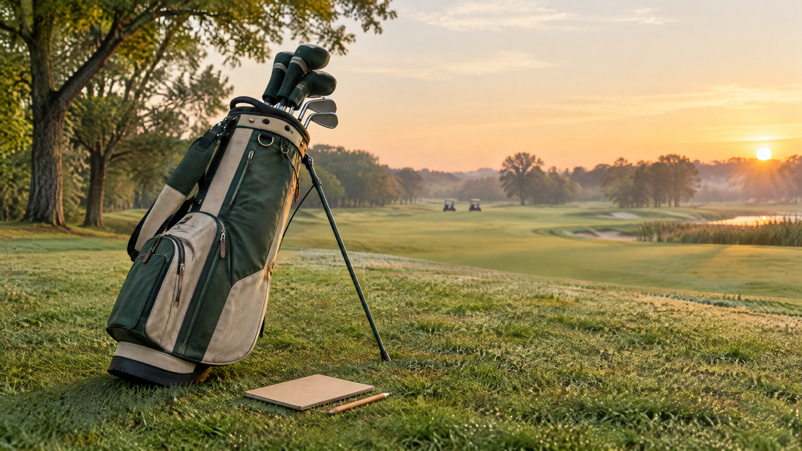 Unbranded forest green and sand golf stand bag on a sunrise fairway beside a sample evaluation card.
