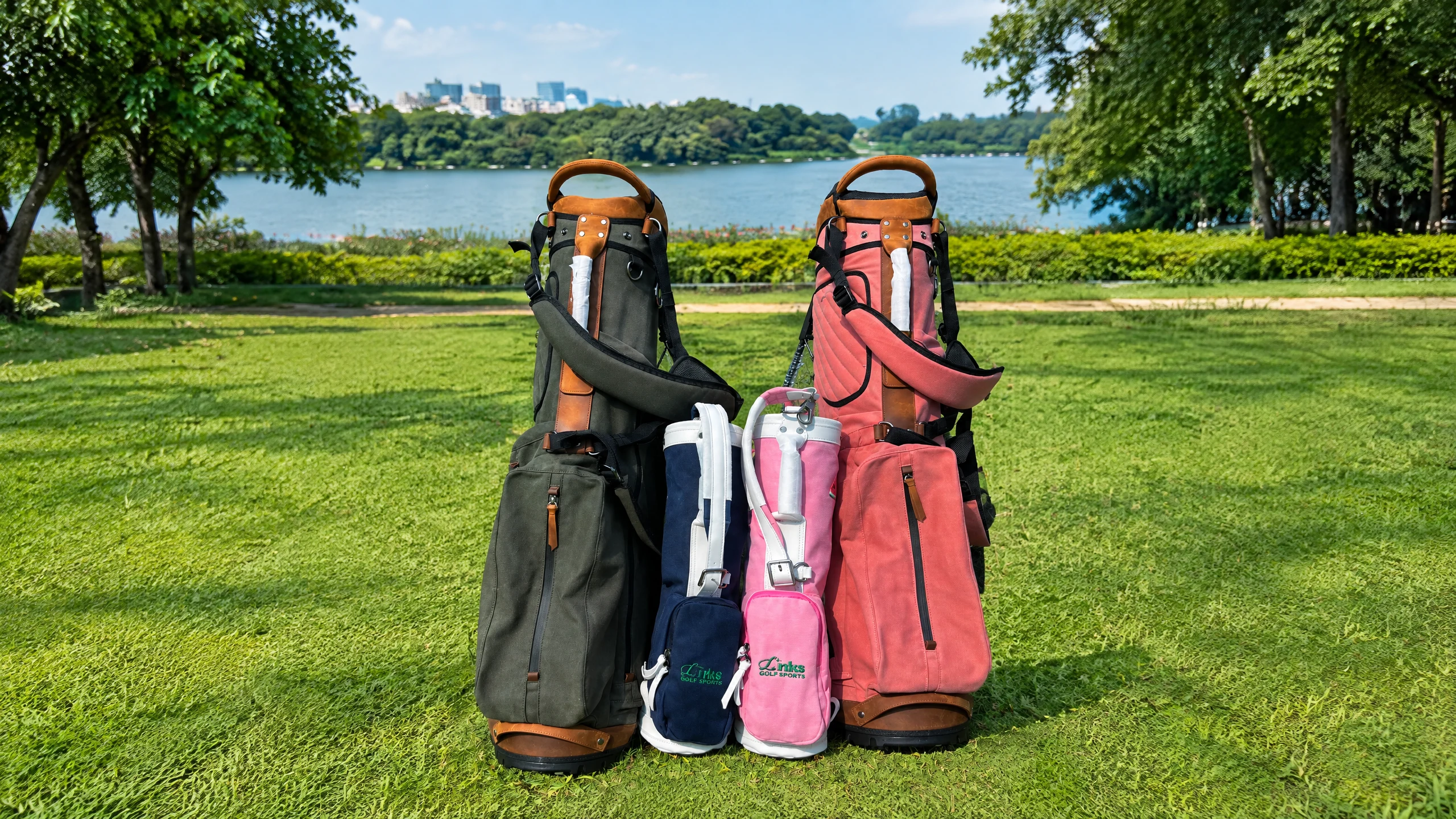 Four coordinated golf bags in dark green, coral, navy and pink shown in full on grass beside a lakeside fairway.