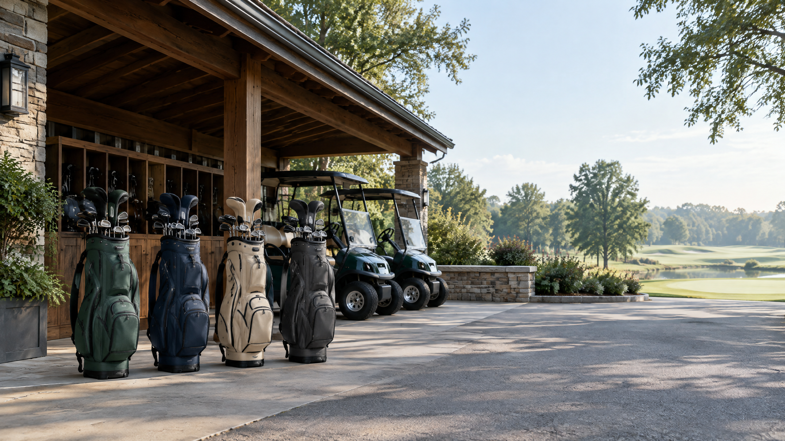 Four unbranded golf bags beside carts at an elegant private club bag-drop area.