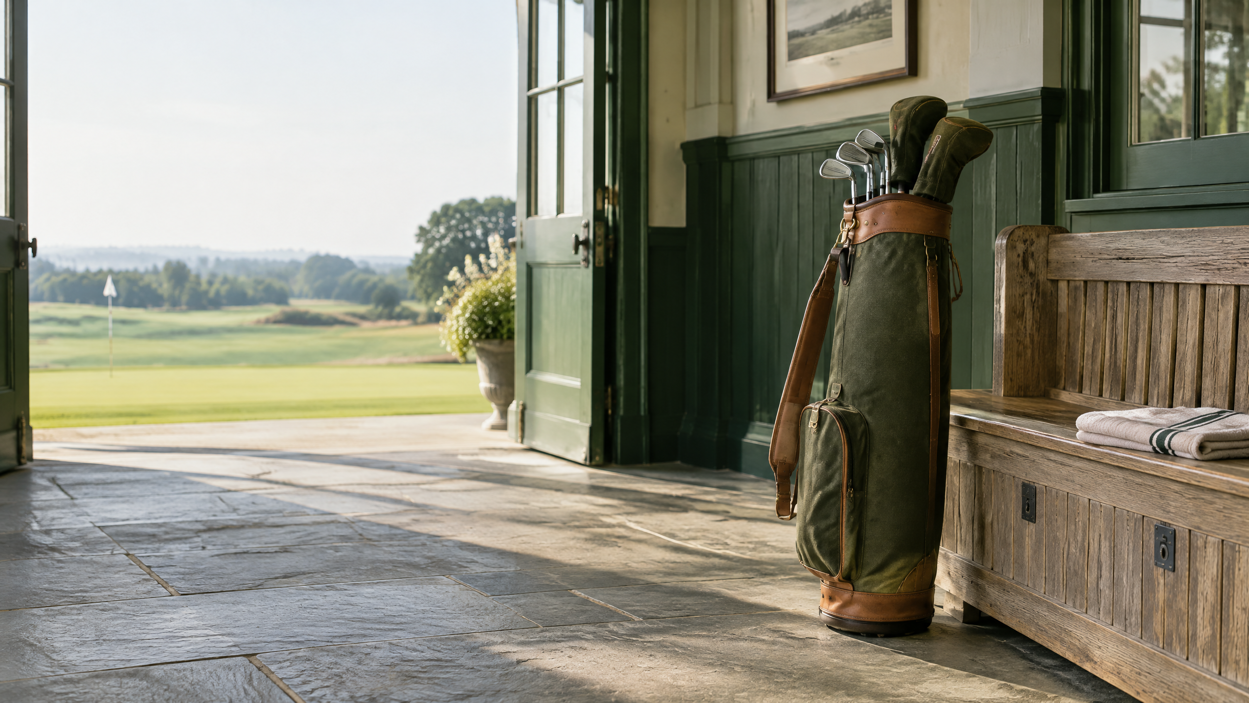 Understated olive canvas golf bag with tan trim in a quiet private-club veranda.